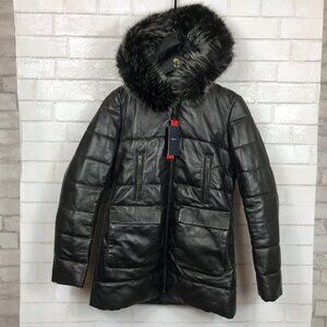 INLAND LEATHER $357 Women's 100% Genuine Leather Fox Fur Hooded Coat SMALL